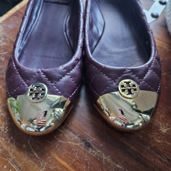 Tory Burch Plum Quilted Flats with Gold Accents - Picture 2 of 7